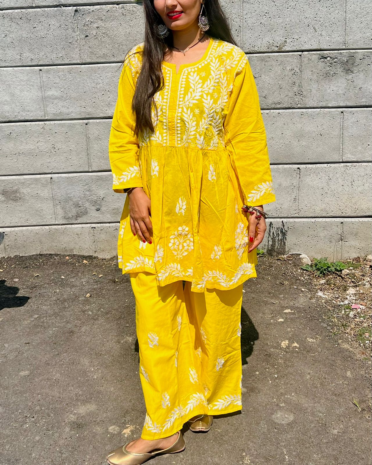 Yellow Afsana Chikankari Short Gown & Palazzo Set