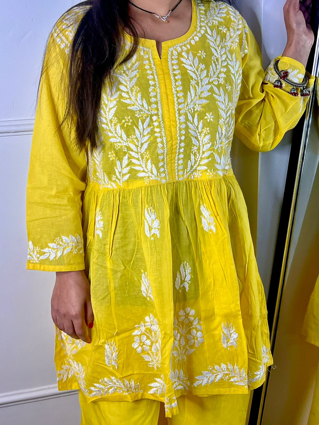 Yellow Afsana Chikankari Short Gown & Palazzo Set