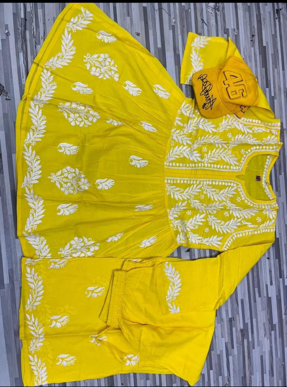 Yellow Afsana Chikankari Short Gown & Palazzo Set