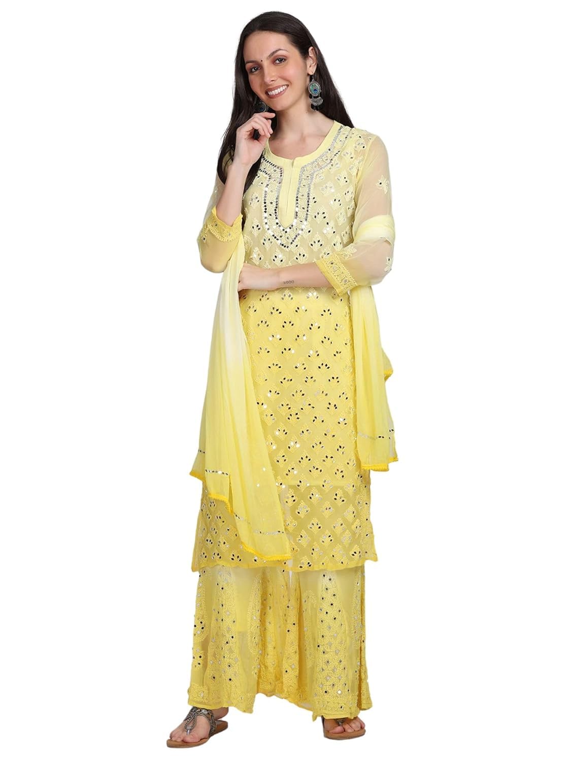 Chiffon Georgette Dyed Real Pasted Mirror Work Kurti, Sharara & Dupatta Set With Free Matching Cotton Inner
