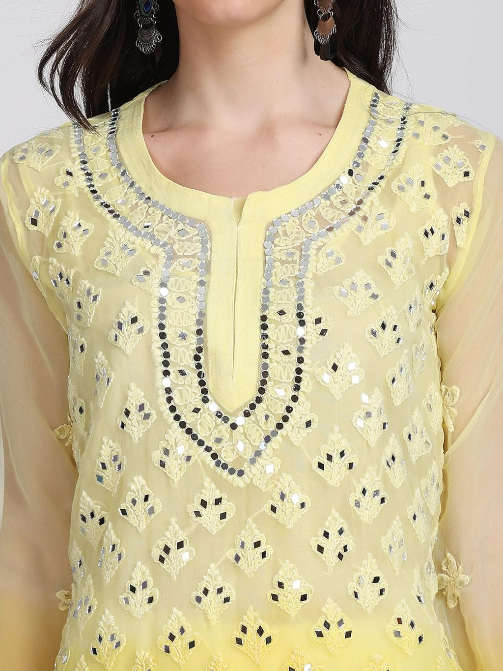 Yellow Hina Ombre Dyed Mirror Work Kurti Set