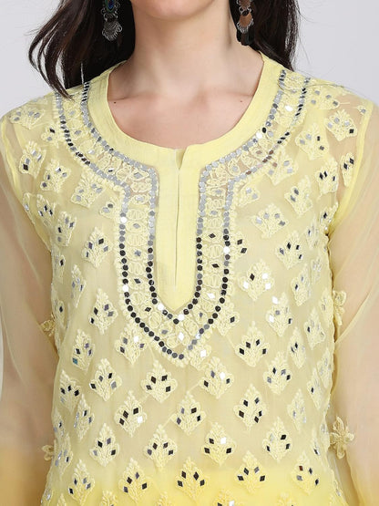 Chiffon Georgette Dyed Real Pasted Mirror Work Kurti, Sharara & Dupatta Set With Free Matching Cotton Inner