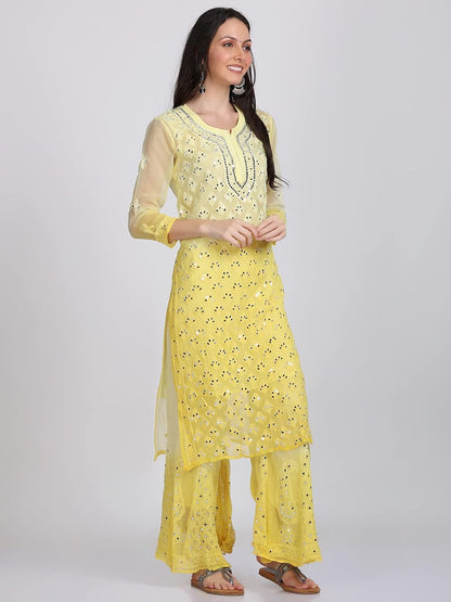 Chiffon Georgette Dyed Real Pasted Mirror Work Kurti, Sharara & Dupatta Set With Free Matching Cotton Inner
