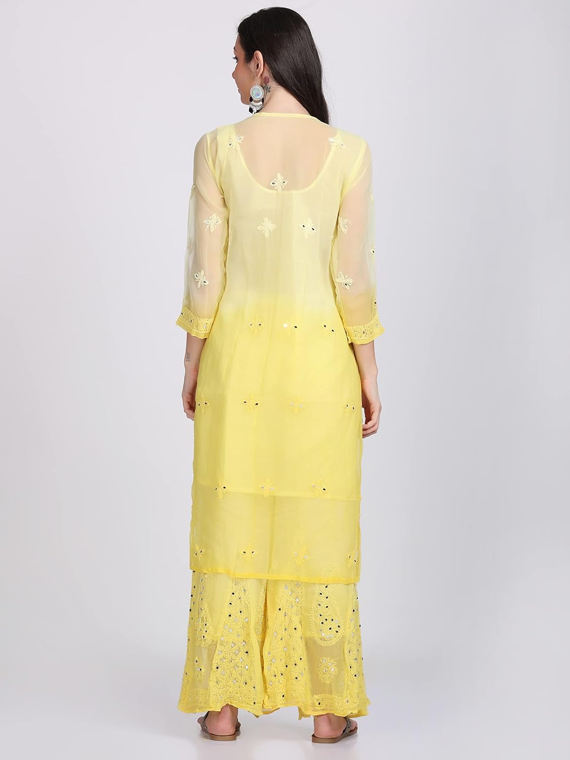 Chiffon Georgette Dyed Real Pasted Mirror Work Kurti, Sharara & Dupatta Set With Free Matching Cotton Inner