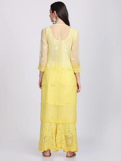Chiffon Georgette Dyed Real Pasted Mirror Work Kurti, Sharara & Dupatta Set With Free Matching Cotton Inner