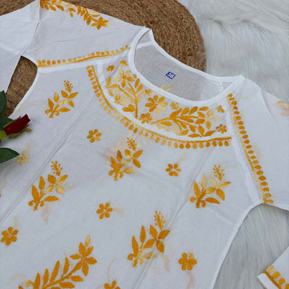 Women's White Base Pure Mulmul Chikankari Short Kurti with Color Threadwork