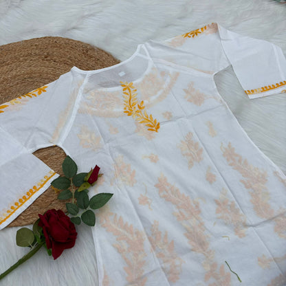 Women's White Base Pure Mulmul Chikankari Short Kurti with Color Threadwork