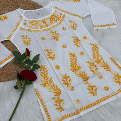 Women's White Base Pure Mulmul Chikankari Short Kurti with Color Threadwork
