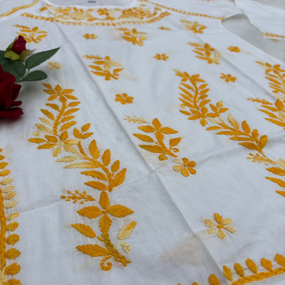Women's White Base Pure Mulmul Chikankari Short Kurti with Color Threadwork