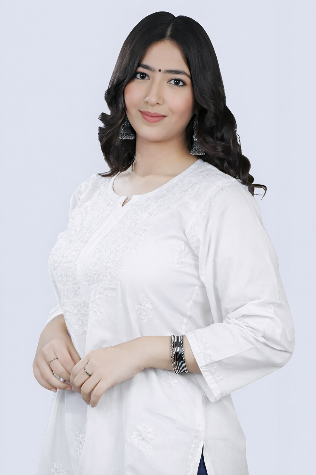 White Yusra Dyed Cotton Chikankari Short Top