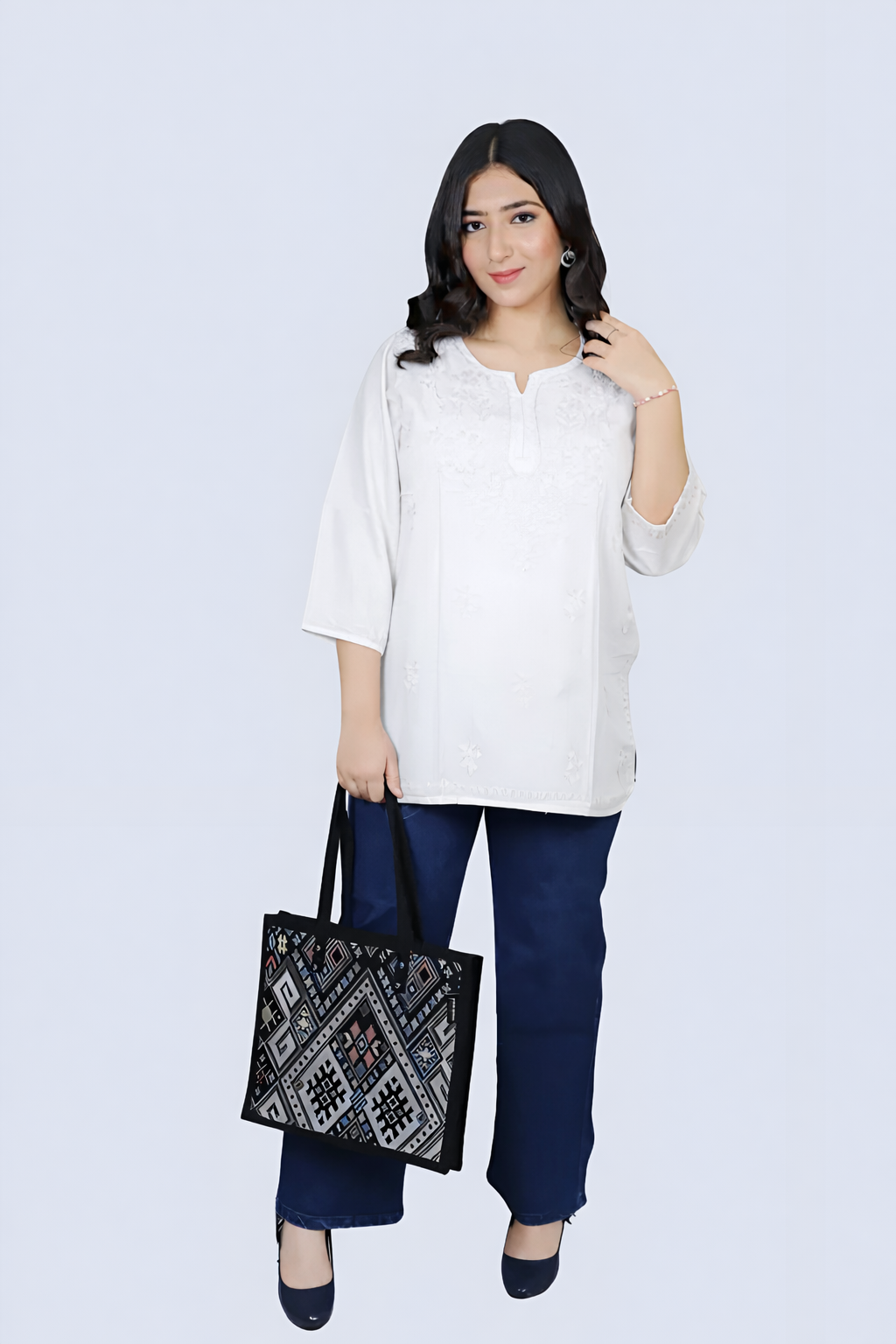 White Yusra Dyed Cotton Chikankari Short Top