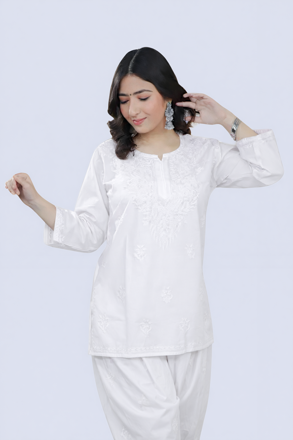 White Yusra Dyed Cotton Chikankari Short Top