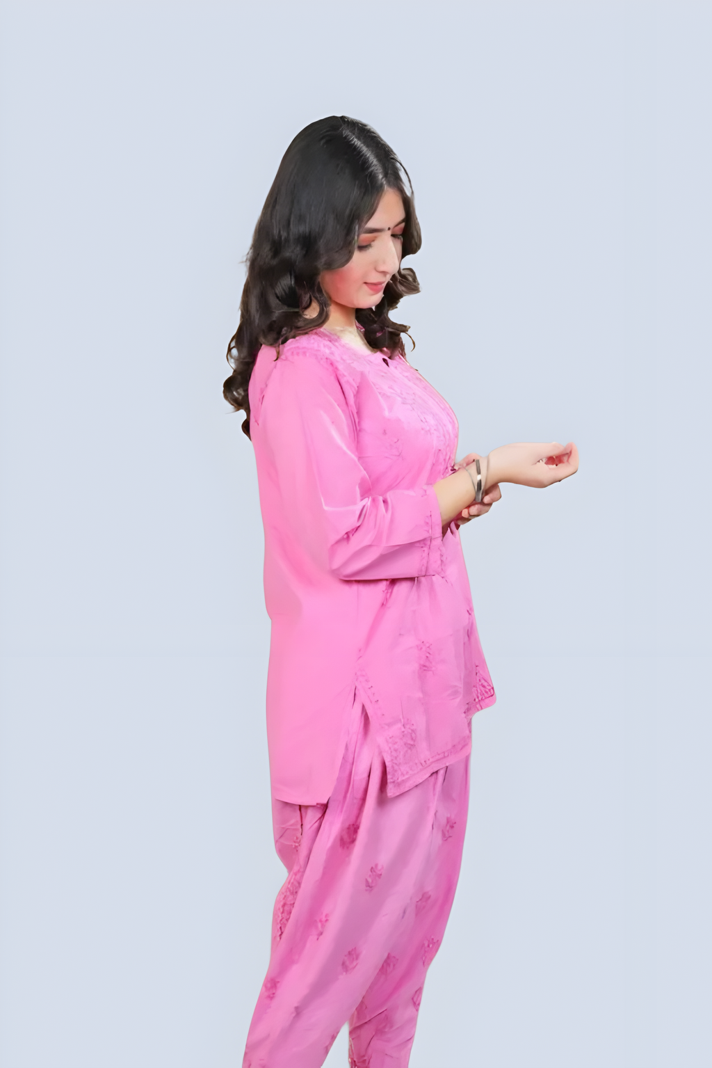 Hot Pink Yusra Dyed Cotton Chikankari Short Top