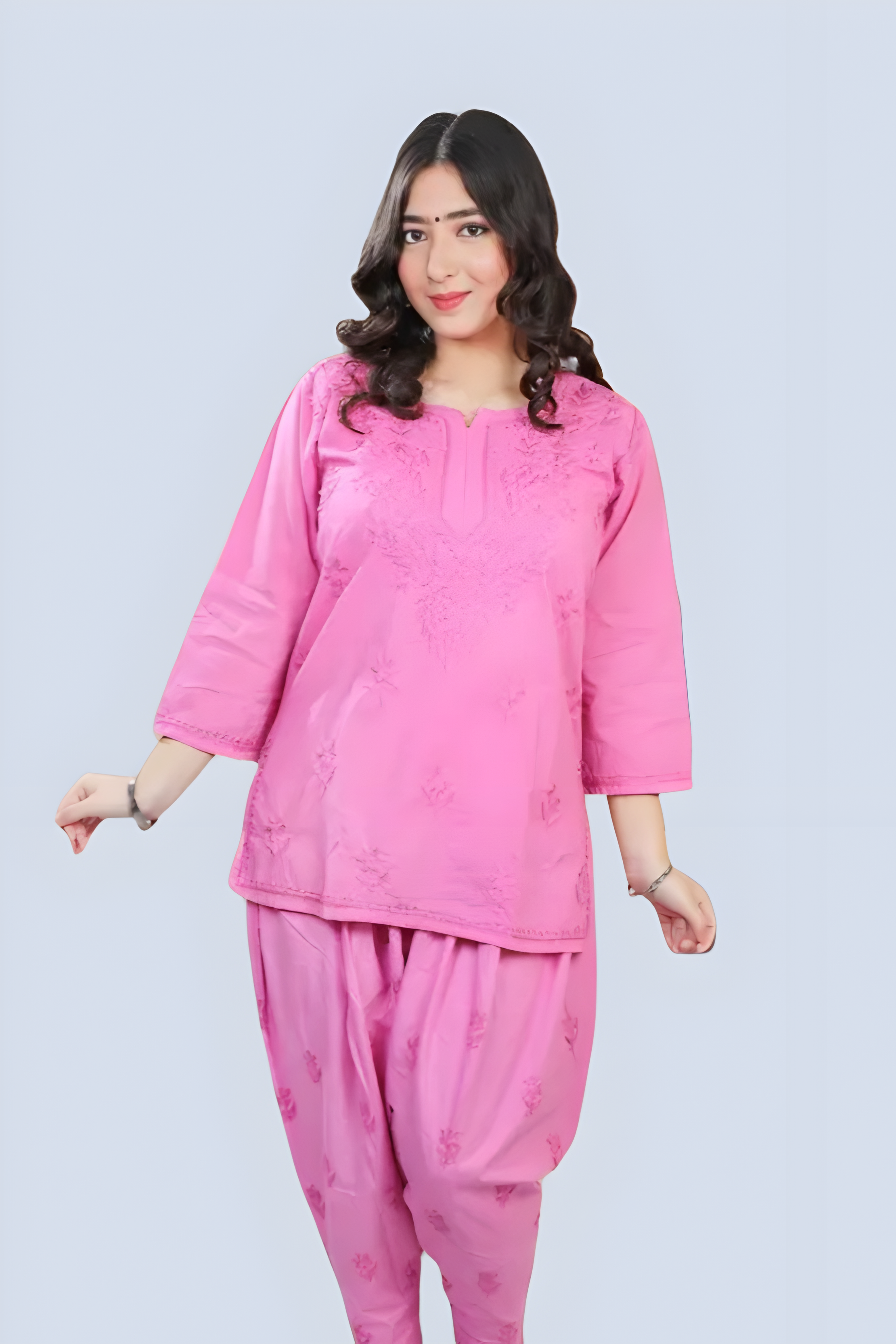 Hot Pink Yusra Dyed Cotton Chikankari Short Top