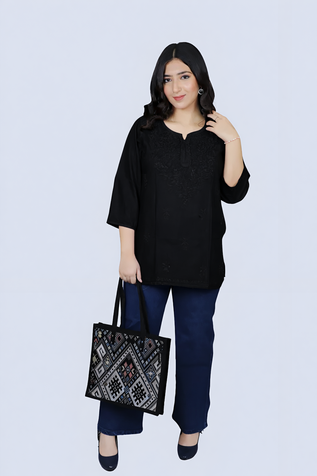 Black Yusra Dyed Cotton Chikankari Short Top