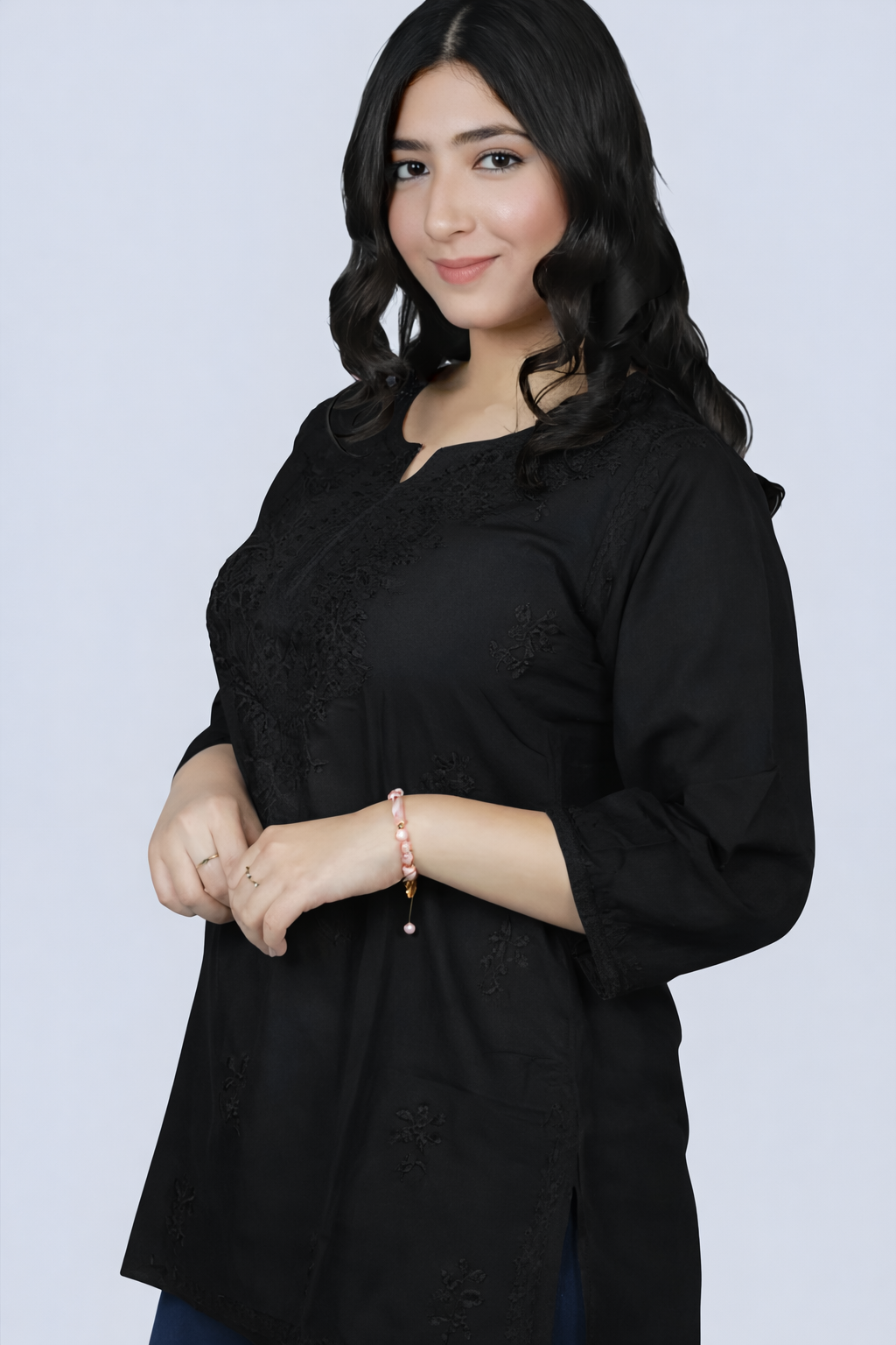 Black Yusra Dyed Cotton Chikankari Short Top