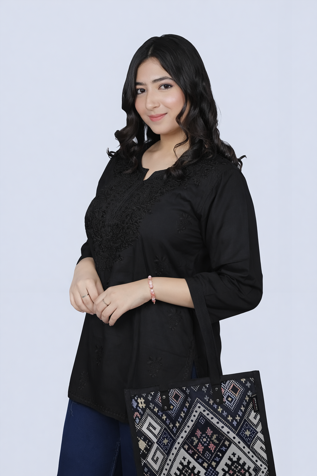 Black Yusra Dyed Cotton Chikankari Short Top