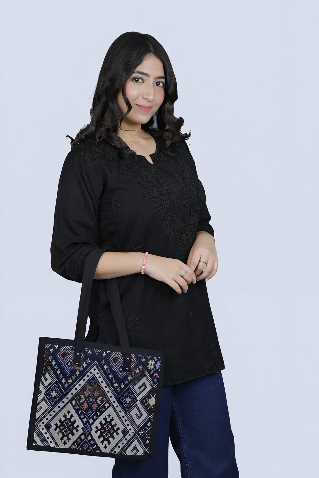 Black Yusra Dyed Cotton Chikankari Short Top