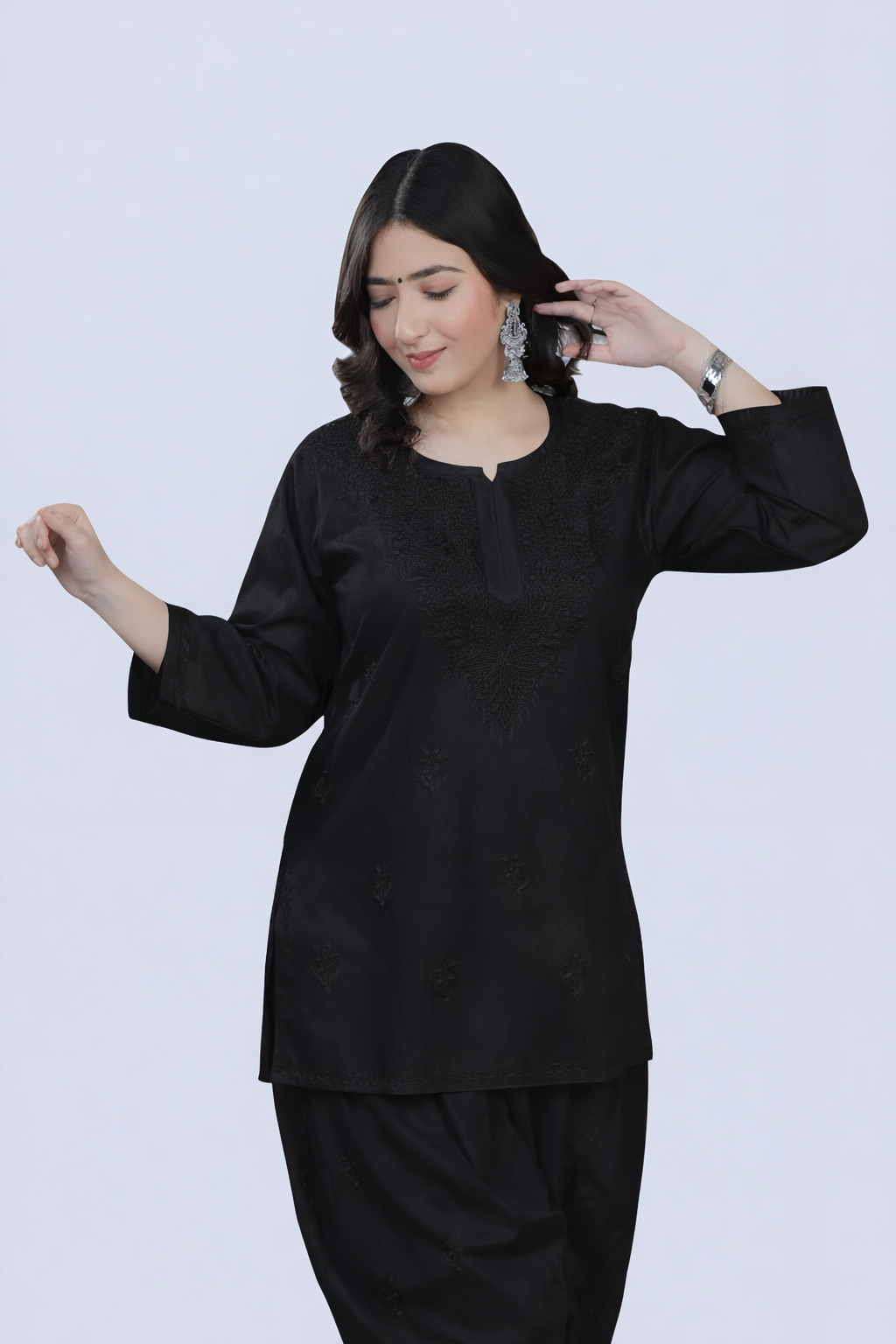 Black Yusra Dyed Cotton Chikankari Short Top
