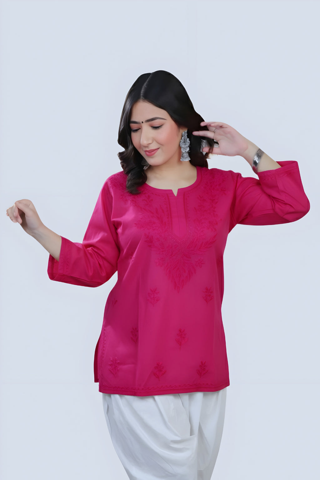 Magenta Yusra Dyed Cotton Chikankari Short Top
