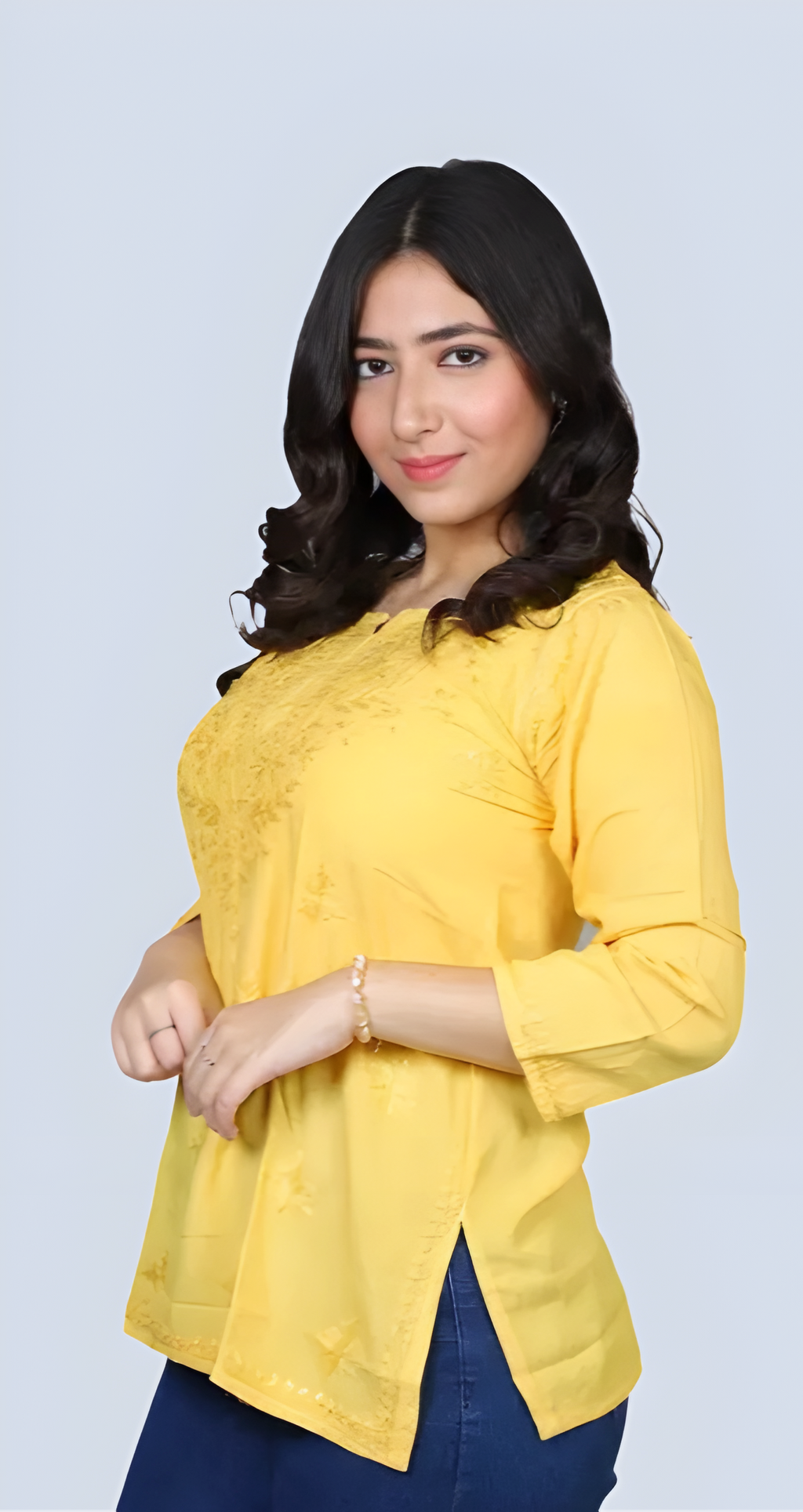 Mustard Yusra Dyed Cotton Chikankari Short Top