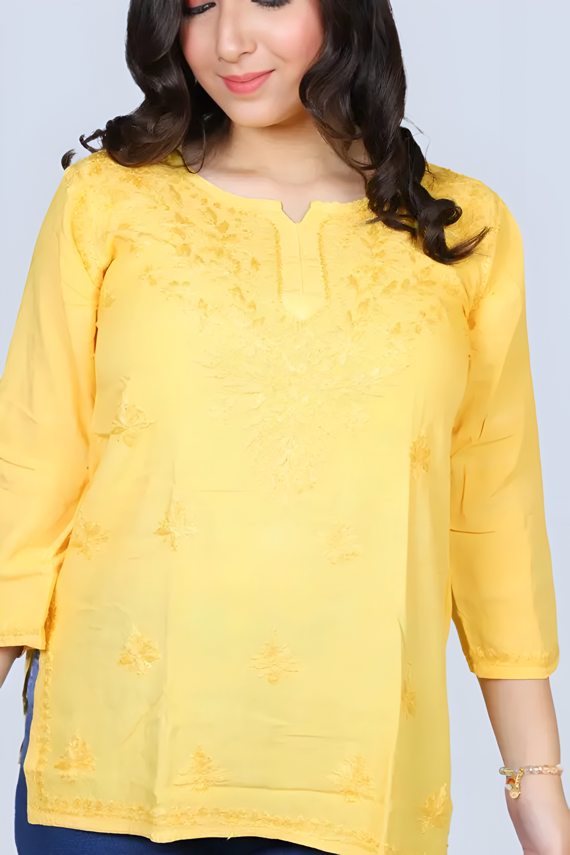 Mustard Yusra Dyed Cotton Chikankari Short Top