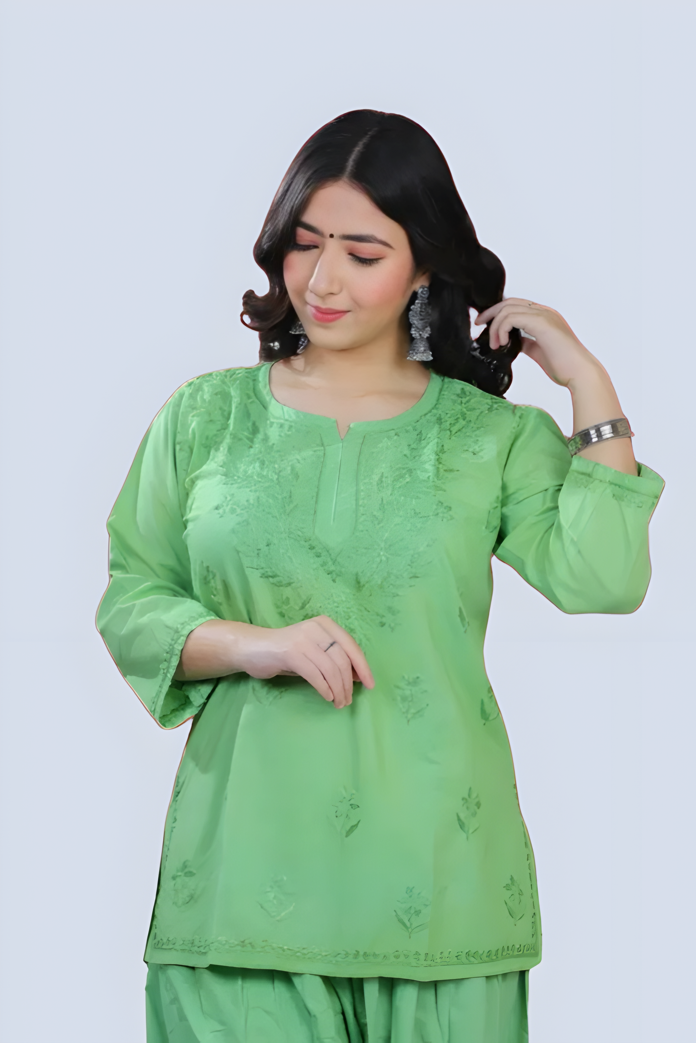 Green Yusra Dyed Cotton Chikankari Short Top