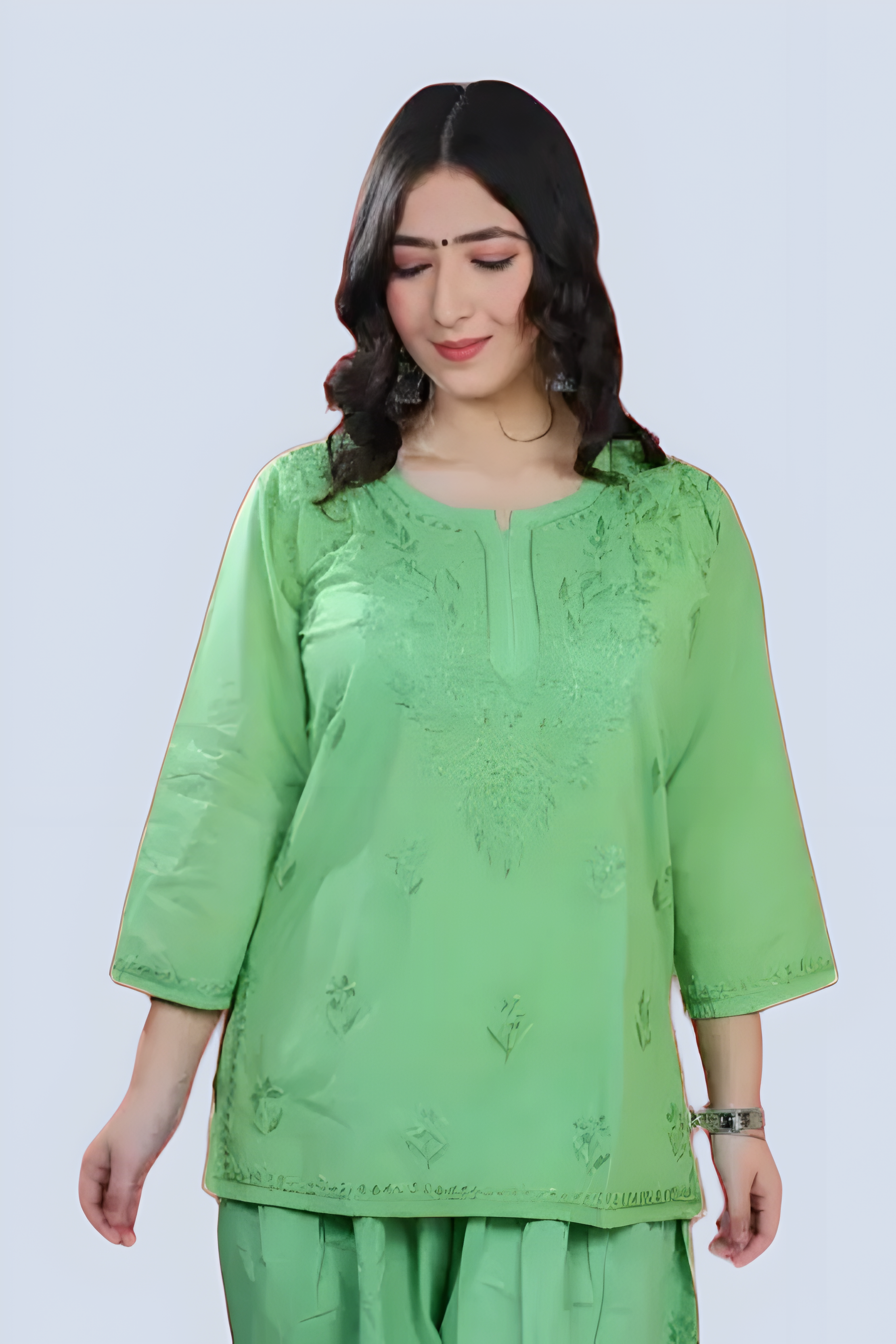 Green Yusra Dyed Cotton Chikankari Short Top