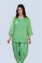 Green Yusra Dyed Cotton Chikankari Short Top