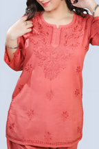 Rose Gold Yusra Dyed Cotton Chikankari Short Top