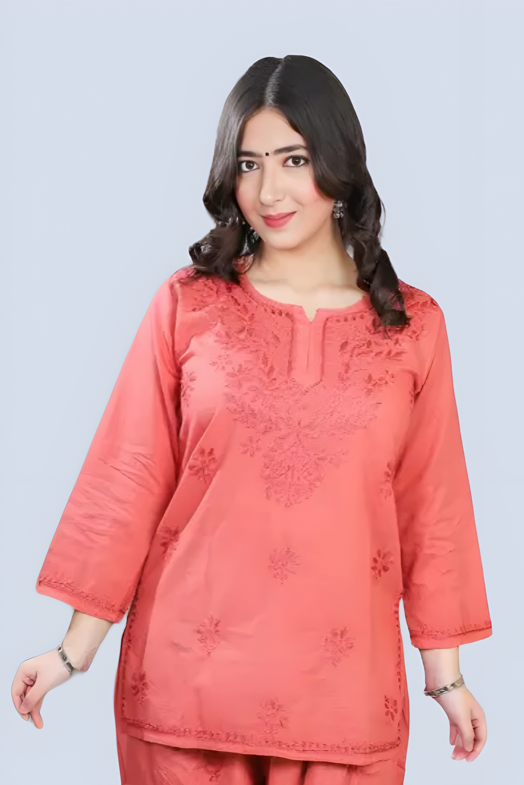 Rose Gold Yusra Dyed Cotton Chikankari Short Top