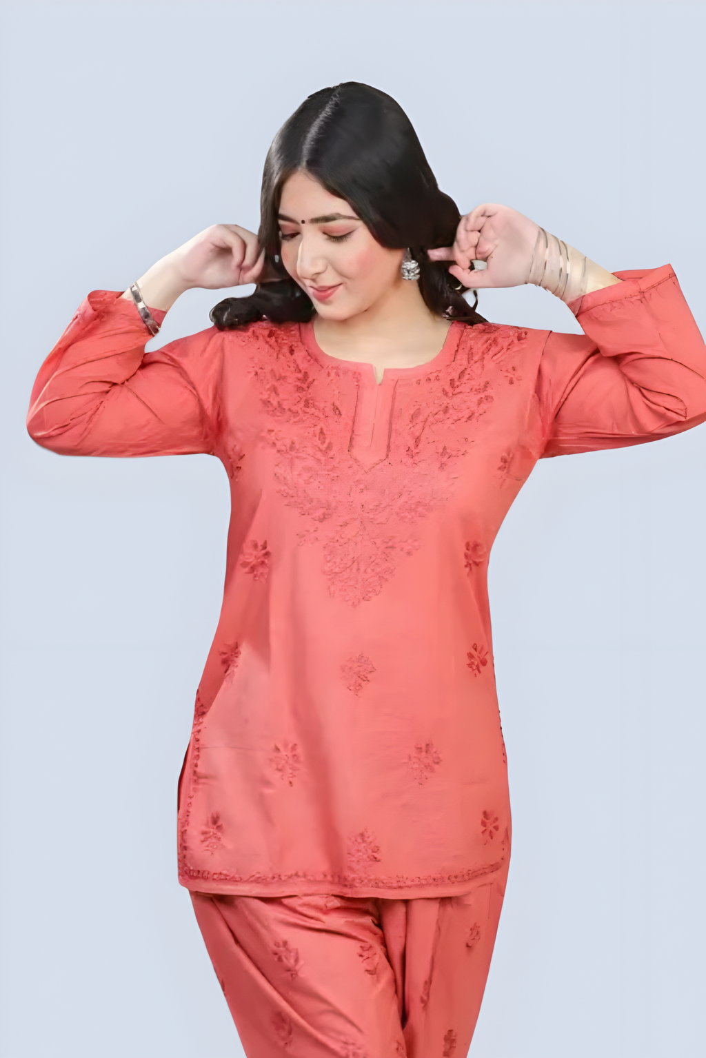 Rose Gold Yusra Dyed Cotton Chikankari Short Top