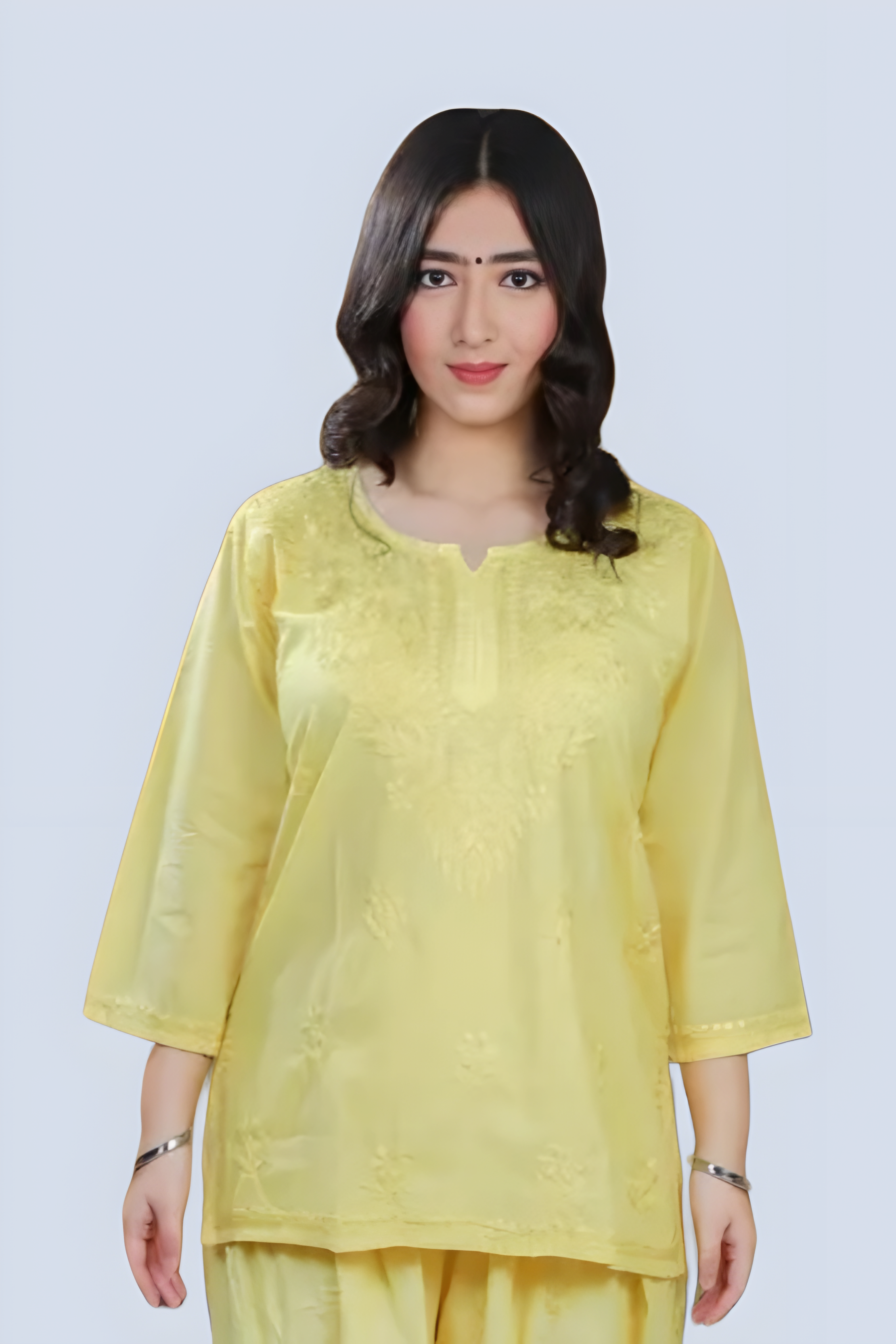 Yellow Yusra Dyed Cotton Chikankari Short Top