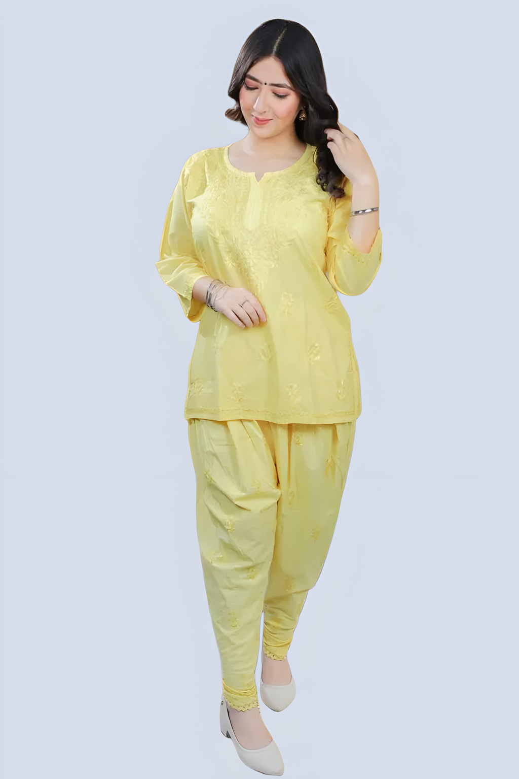 Yellow Yusra Dyed Cotton Chikankari Short Top