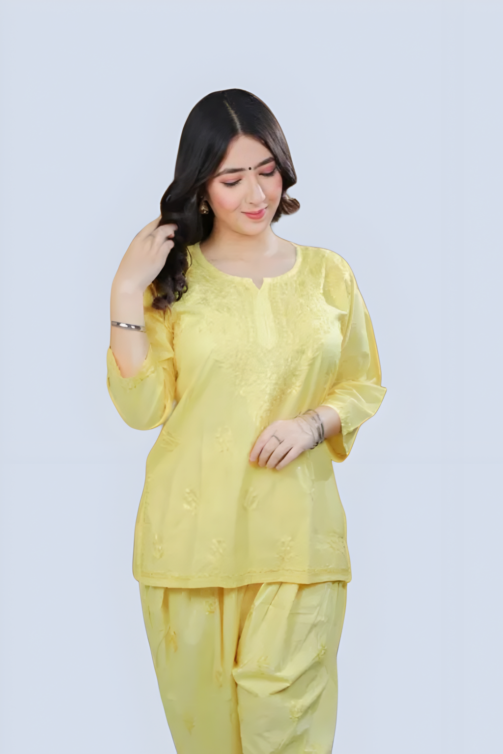 Yellow Yusra Dyed Cotton Chikankari Short Top
