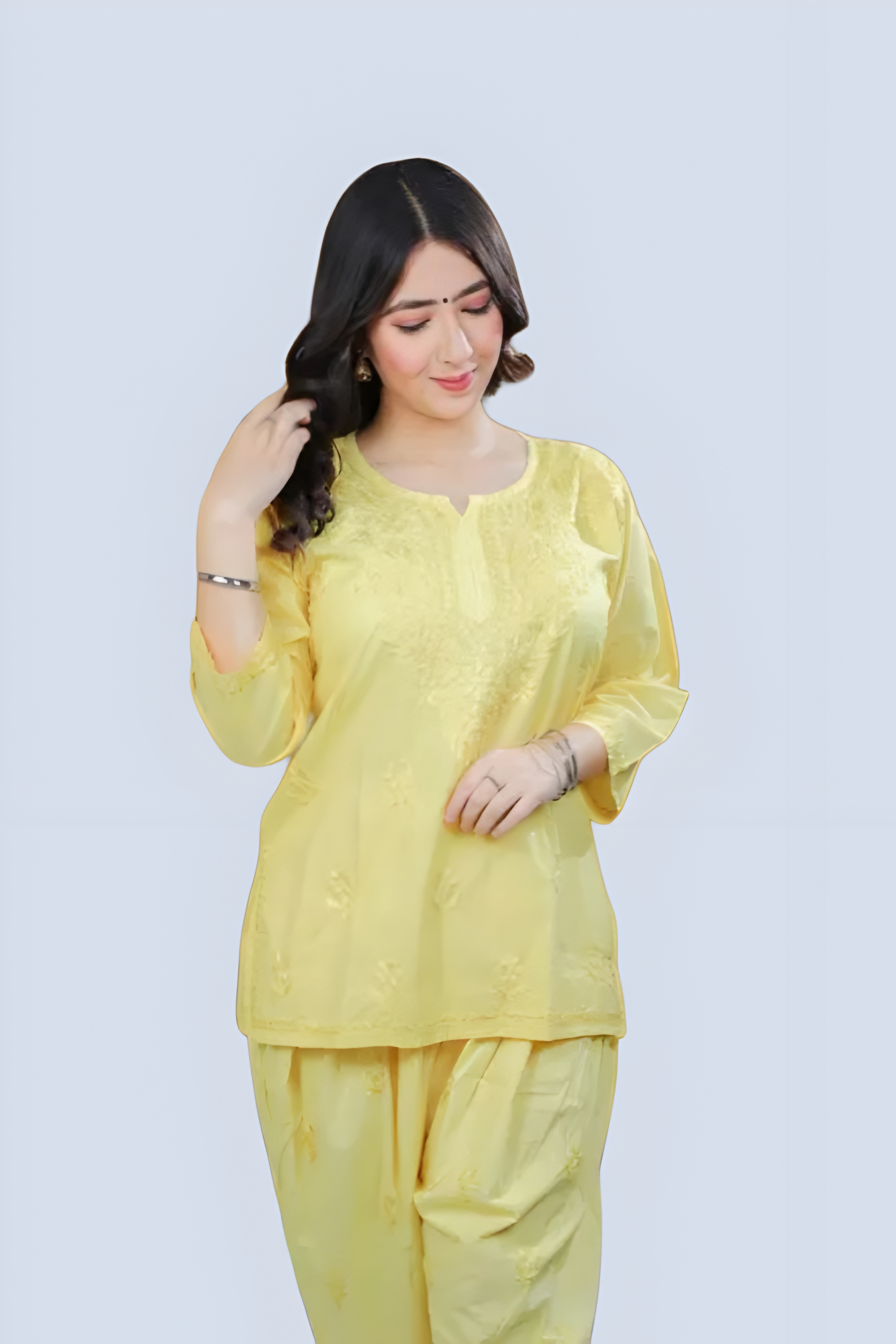 Yellow Yusra Dyed Cotton Chikankari Short Top