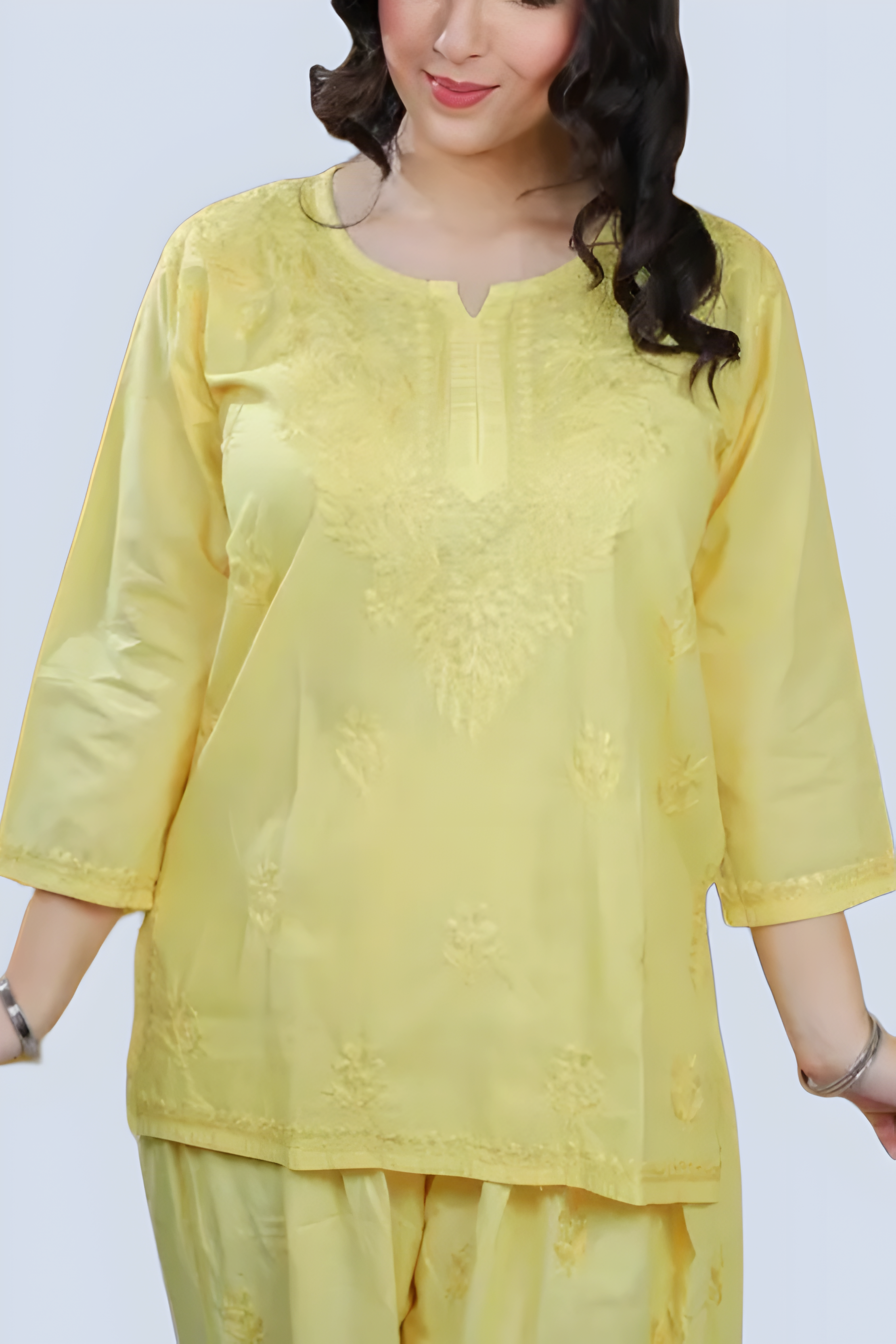 Yellow Yusra Dyed Cotton Chikankari Short Top