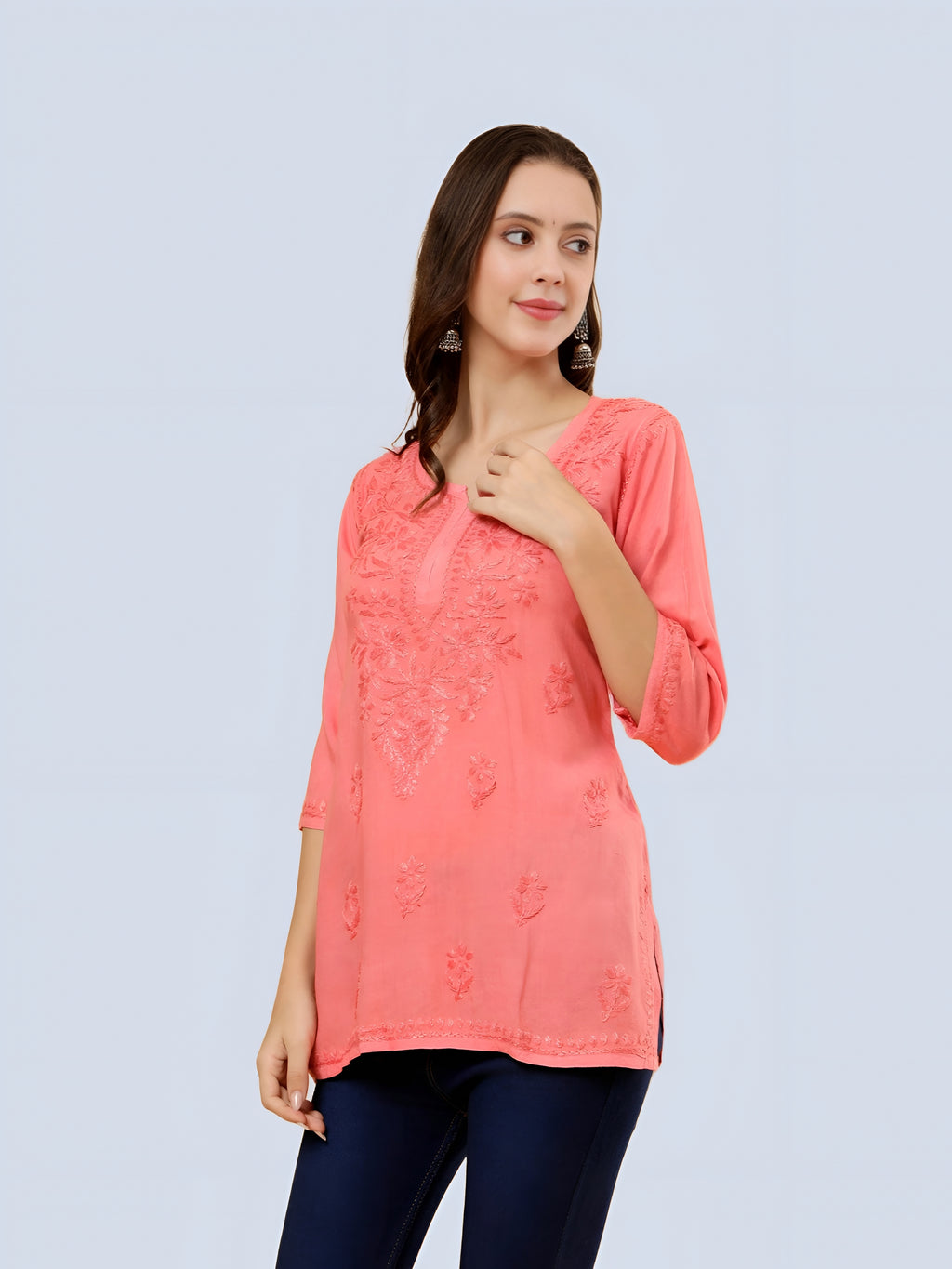 Zahra Rose Gold Dyed Short Rayon Chikankari Top - Comfortable & Non-Transparent Chikankari Short Kurti
