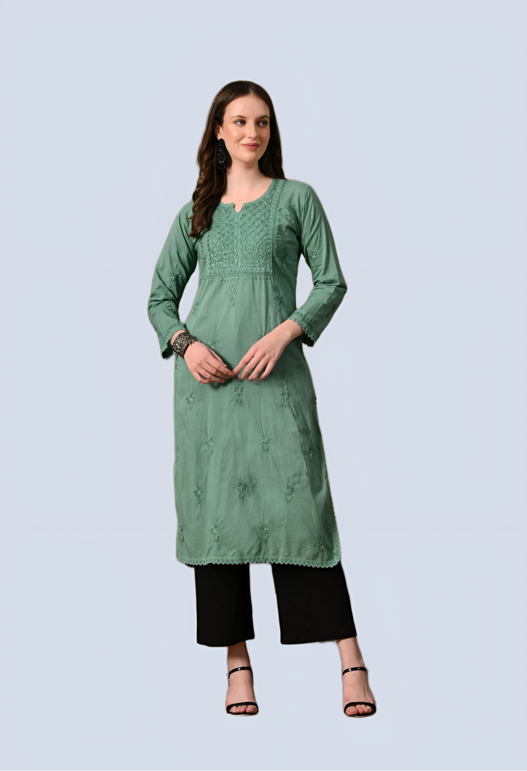 Aqua green Zawiya Dyed Regular Size Mulmul Cotton Chikankari Kurti with Lace Detailing – Perfect for Every Occasions, malabis.in
