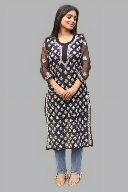 Hadia Georgette Chikankari Straight Kurti With Real Pasted Mirror Work & Matching Cotton Inner