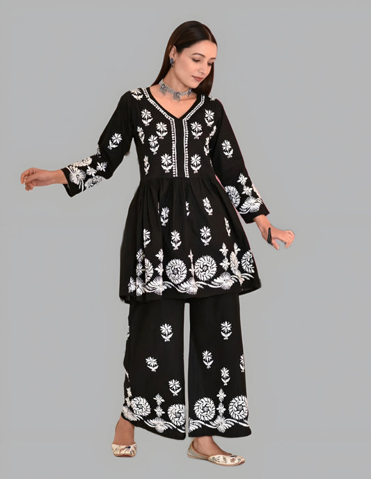 Afsana Chikankari Pure Soft Cotton Co-Ord Set – Short Gown & Palazzo Set