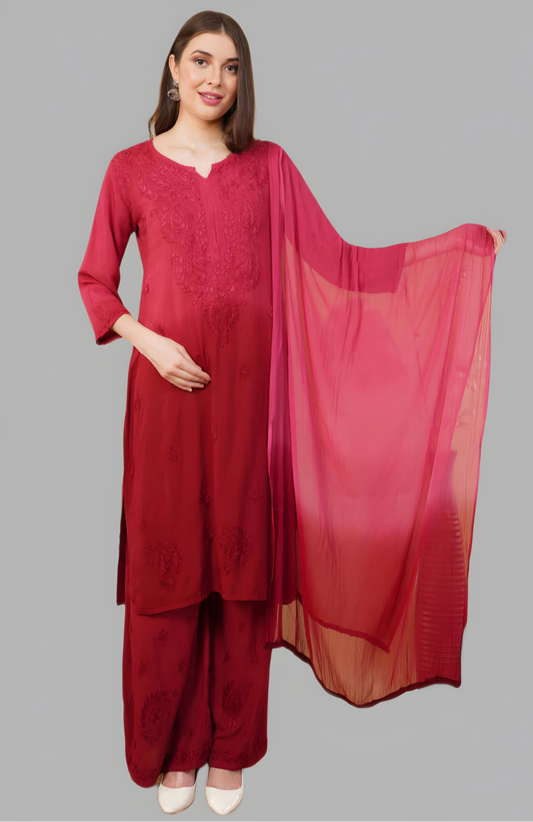 Ananya Ombre Dyed Shaded Rayon Chikankari Kurti, Palazzo and Dupatta Set