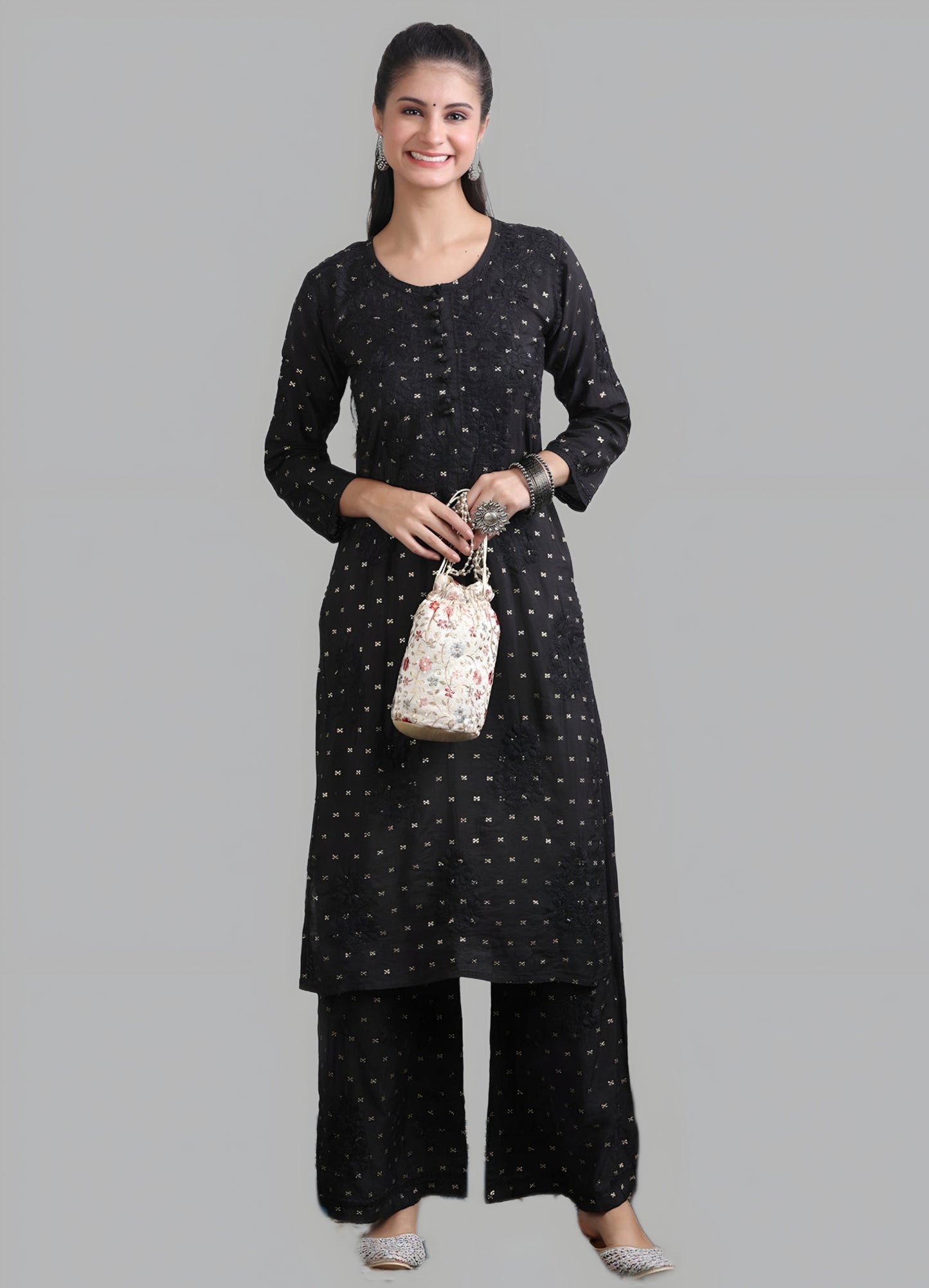 Warda Premium Dyed Chanderi Silk Chikankari Kurti and Palazzo Set