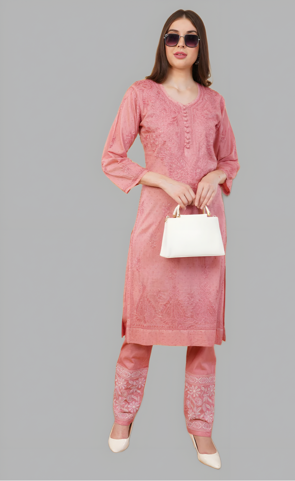 Shifa Dyed Cotton Chikankari Kurti & Lycra Pant Set, Pockets Both Side of the Pant