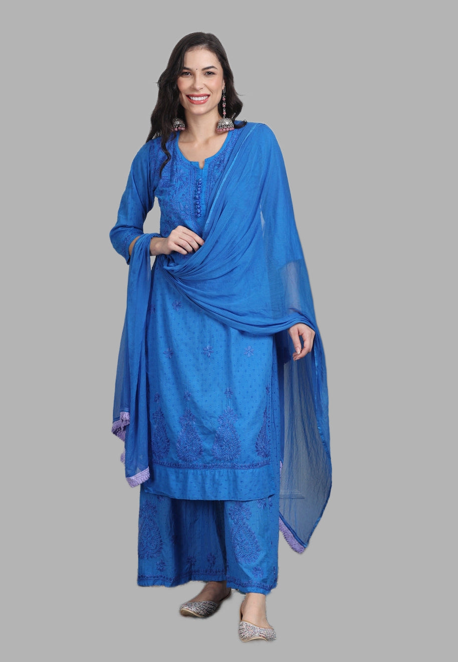 Zulaikha Dyed Lucknowi Chikankari Cotton Kurti, Palazzo & Dupatta Set