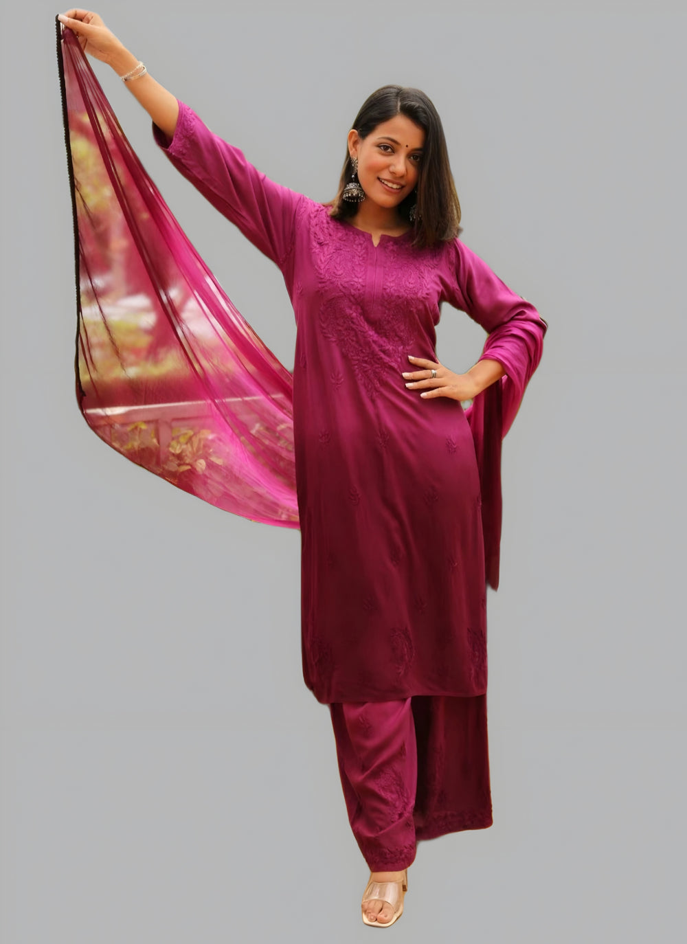 Laila Ombre Dyed Shaded Rayon Lucknowi Chikankari Kurti, Palazzo and Dupatta Set.