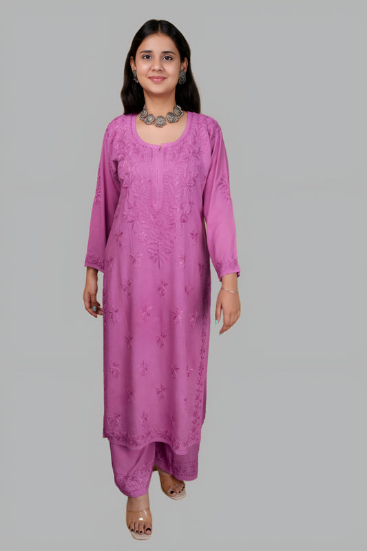 Aroos Women's Exclusive Dyed Straight Rayon Lucknowi Chikankari Kurti & Palazzo Set.
