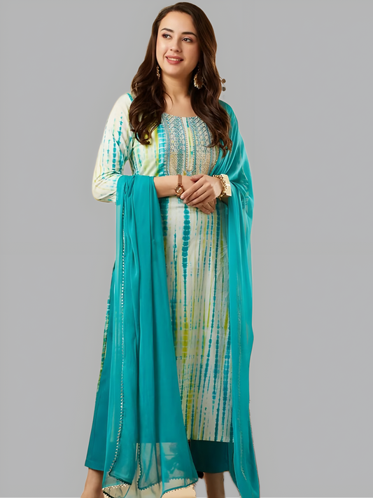 Gulnaaz Shibori Dyed Straight Fit Soft Cotton Kurti, Pant & Dupatta Set