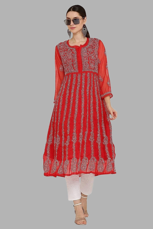 Gauhar Chiffon Georgette Chikankari Flared Anarkali Kurti with Cotton Stretchable Lycra Pant & Matching Cotton Inner