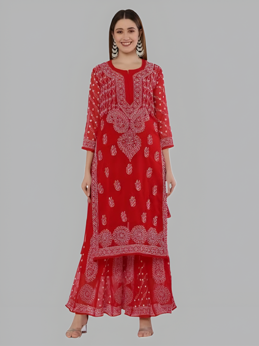 Dilruba Georgette Chikankari Handwork Kurti with Sharara & Matching Cotton Inner Set